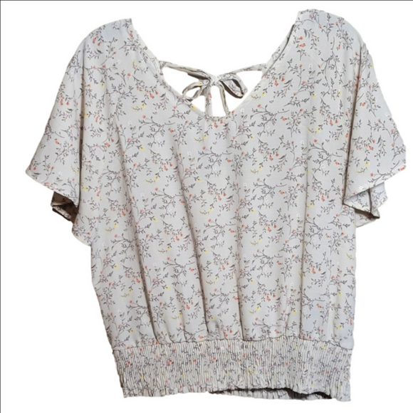 Paper Crane Tops - Paper Crane Large flutter sleeve sinched elastic waist fine floral blouse cream